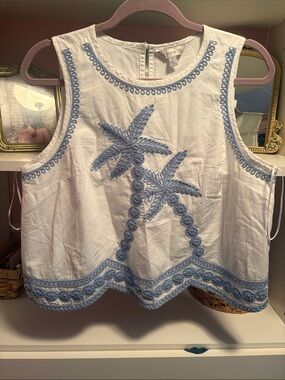 crown & ivy White Tank Top with Light Blue Embroidered Palms